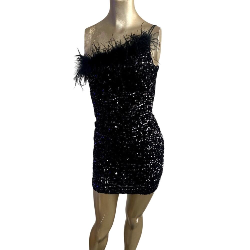 Midnight Doll Black Sequin Feather One Shoulder Mini Bodycon Dress XS